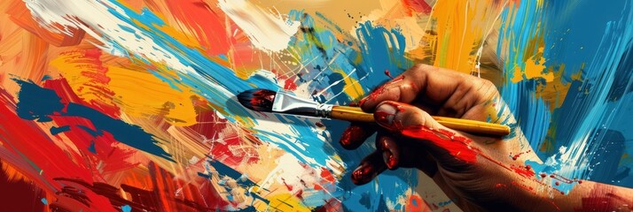 A hand with a brush close-up paints the canvas with red, yellow and blue colors.