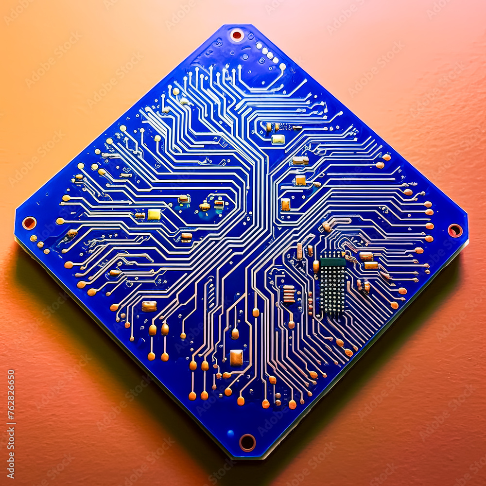 Poster a blue circuit board with a tree design on it. the board is placed on a red surface