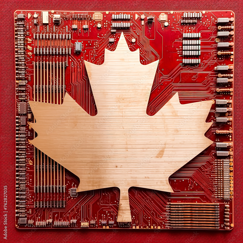 Aufkleber a computer chip with a leaf on it. the leaf is made of metal and is on a red background