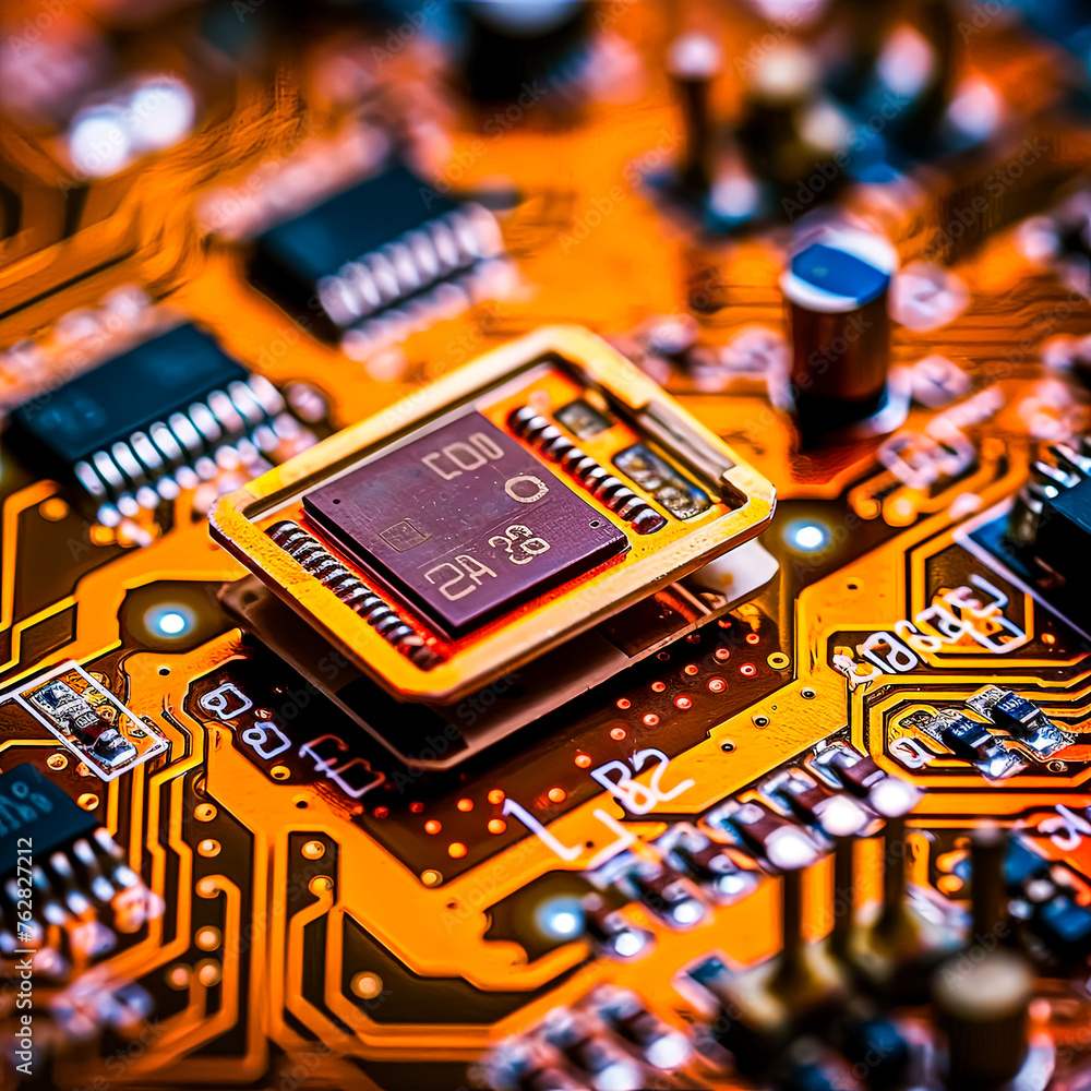 Poster a close up of a computer chip with the numbers 24 and 34 on it. the chip is surrounded by other elec