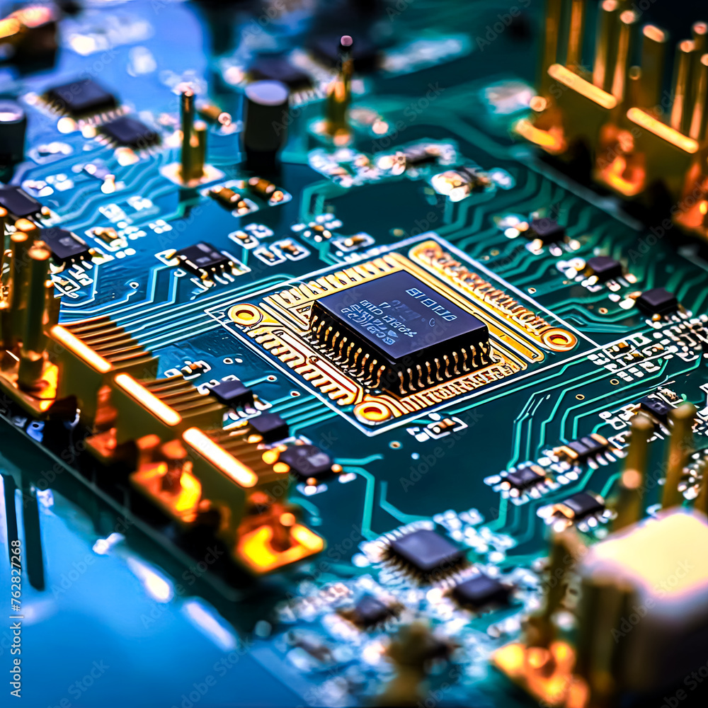 Poster a close up of a computer chip with a gold and silver color scheme. the chip is a microprocessor and 