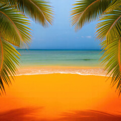 Fototapeta na wymiar Yellow sand with palm trees and blue sea