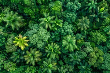 Aerial View of Dense Tropical Rainforest Canopy from Above Showing Rich Green Vegetation Patterns and Natural Ecosystem Diversity - obrazy, fototapety, plakaty