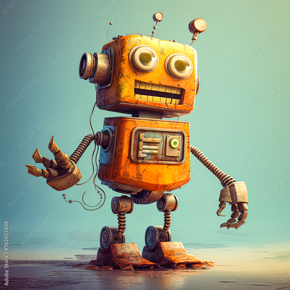 Poster a robot with a big smile on its face stands on a wet surface. the robot is orange and has a lot of w