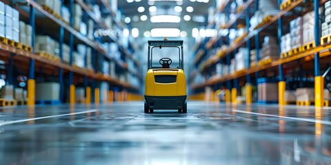Efficient warehouse with automated systems robotic forklifts and organized inventory management. Concept Automation Systems, Robotic Forklifts, Inventory Management, Efficient Warehouse - obrazy, fototapety, plakaty