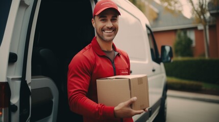 Create a positive and efficient portrayal of a delivery courier service, depicting a smiling man in a red cap and uniform holding a cardboard box near a van truck. 