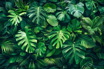 Lush Green Tropical Monstera Leaves Background, Vibrant Jungle Foliage, Natural Leaf Texture, Dense Vegetation, Exotic Flora