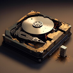 A broken hard drive with sand on it. Scene is one of destruction and decay