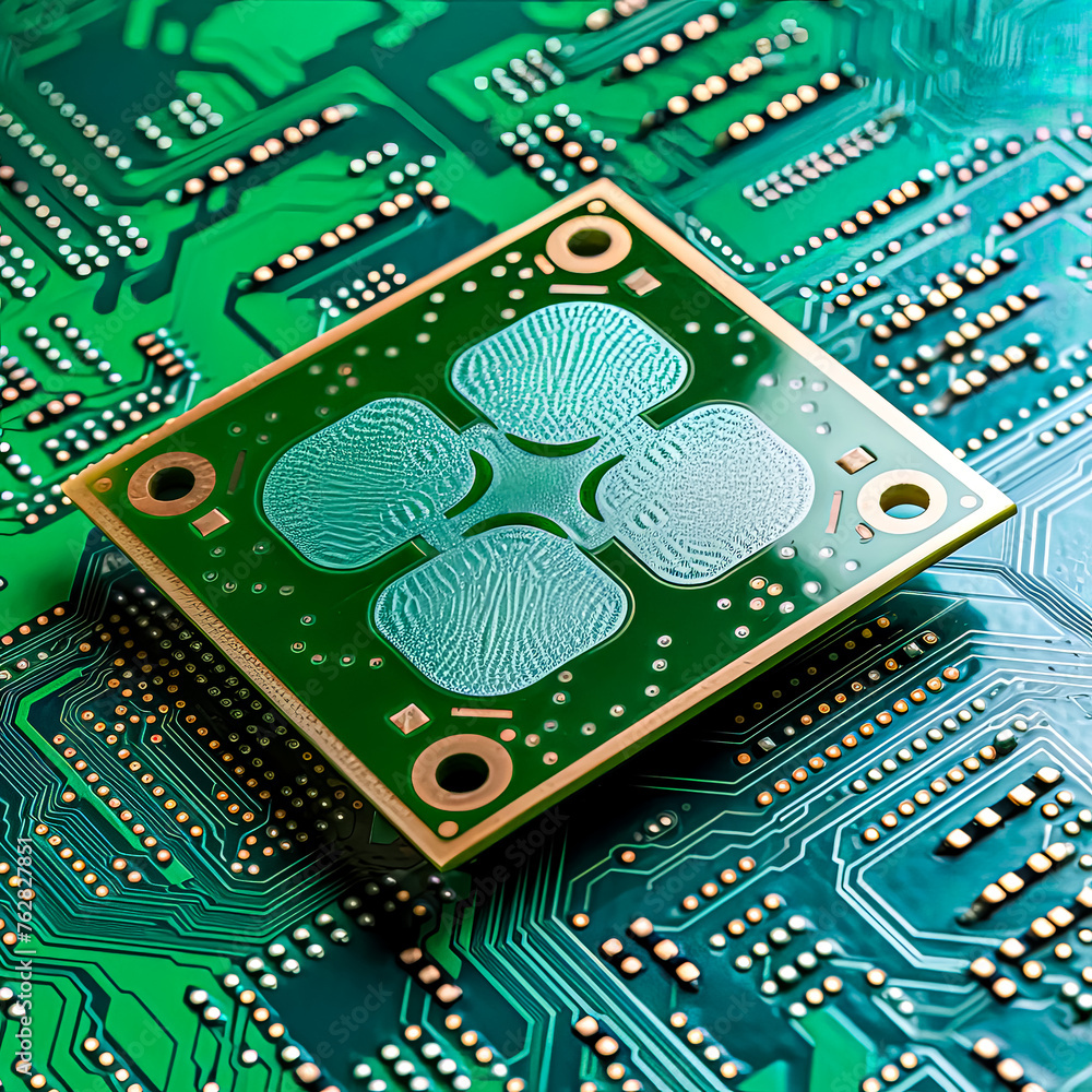 Poster a green circuit board with four squares on it. the squares are connected to each other and to the bo