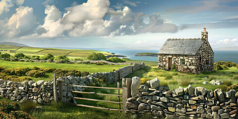stone cottage in the irish countryside, generative AI - obrazy, fototapety, plakaty