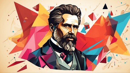 Wilhelm roentgen portrait colorful geometric shapes background. Digital painting. Vector illustration from Generative AI - obrazy, fototapety, plakaty