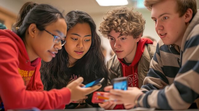education and technology - group of students looking at smartphone at school