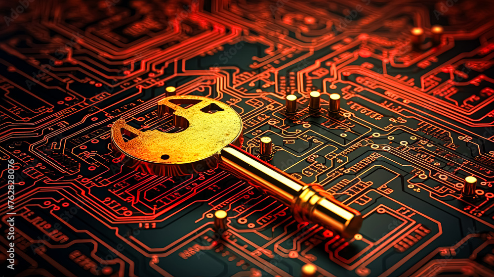 Poster a golden key is on a circuit board. the key is surrounded by a red background. concept of mystery an