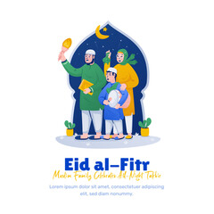 Illustration of Muslim family celebrates all-night takbir to celebrate of Eid mubarak