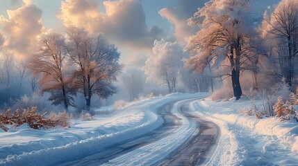 An icy road cuts through a winter wonderland, flanked by snow-covered trees that glisten in the...