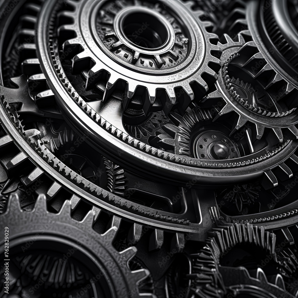 Poster a close up of a series of gears with a metallic look. the gears are all different sizes and are arra