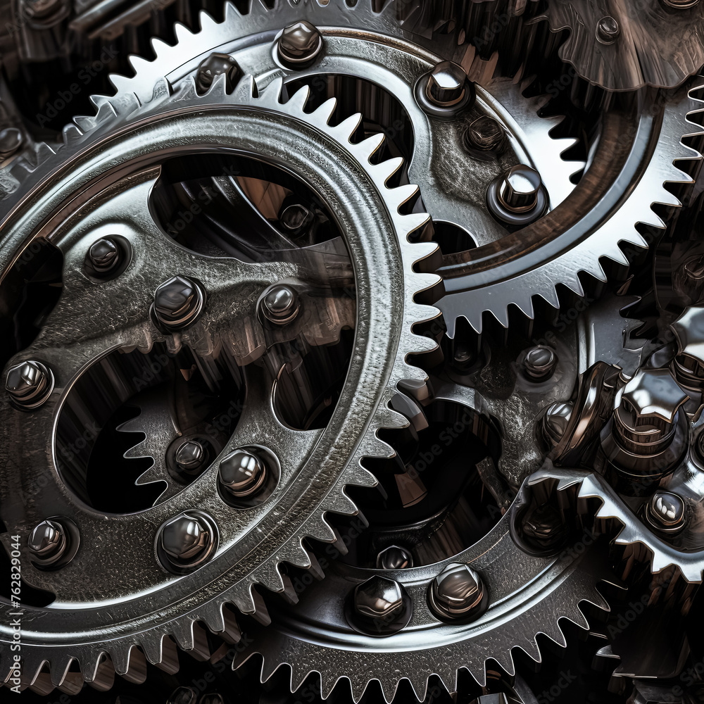 Poster a close up of a set of gears with a lot of detail. the gears are all different sizes and are all con