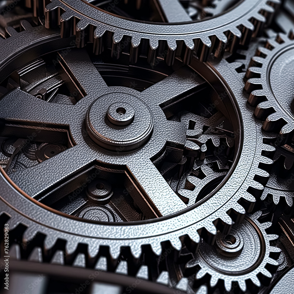 Poster a close up of a set of gears with a black and grey color scheme. the gears are all different sizes a