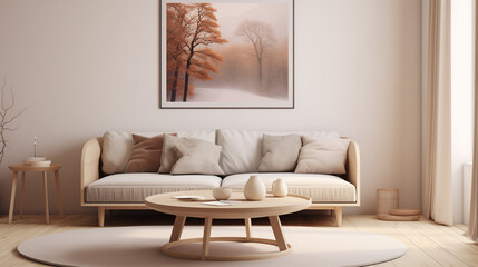 Warm and Welcoming Living Room with Beige Sofa and Autumn Tree Wall Art