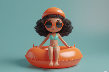 cute cartoon character of a female relaxing with a rubber pool ring on vacation.. 3D render style