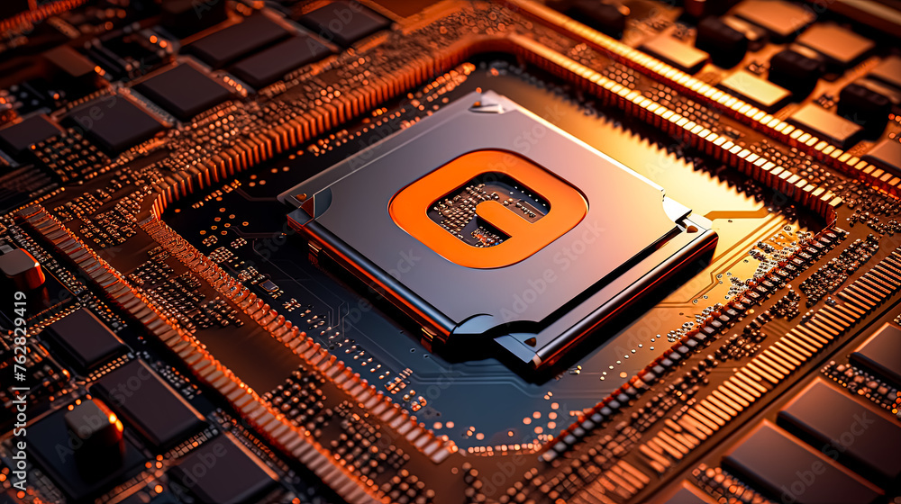 Poster a computer chip with the letter g on it. the chip is surrounded by other computer chips. the image h