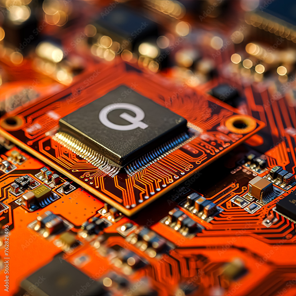 Poster a close up of a computer chip with the letters q and e on it. the chip is orange and surrounded by o