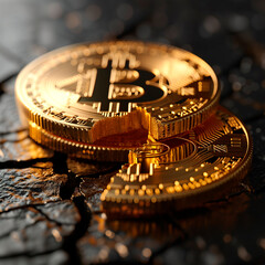 A broken or cracked Bitcoin. Concept of a cryptocurrency market crisis - 762829414