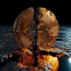 A broken or cracked Bitcoin. Concept of a cryptocurrency market crisis