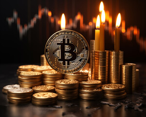 Bitcoin gold coins with candles in the background. Virtual cryptocurrency concept