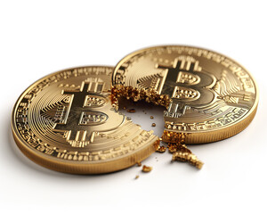 A broken or cracked Bitcoin. Concept of a cryptocurrency market crisis - 762829454
