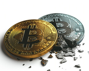A broken or cracked Bitcoin. Concept of a cryptocurrency market crisis - 762829461