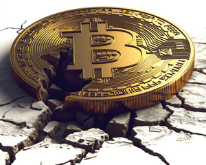 A broken or cracked Bitcoin. Concept of a cryptocurrency market crisis