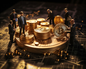 Miniature people worker working of bitcoins. Cryptocurrency mining concept - 762829483