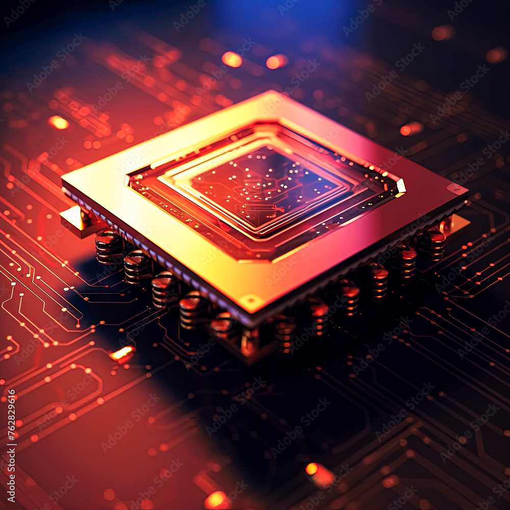 Aufkleber a computer chip is shown in a close up on a black background. the chip is gold and red in color