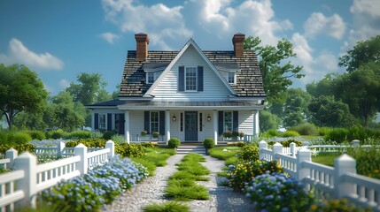 a white Cape Cod-style house exterior, with cedar shingle siding, dormer windows, and a charming picket fence, rendered in breathtaking 16k ultra HD.