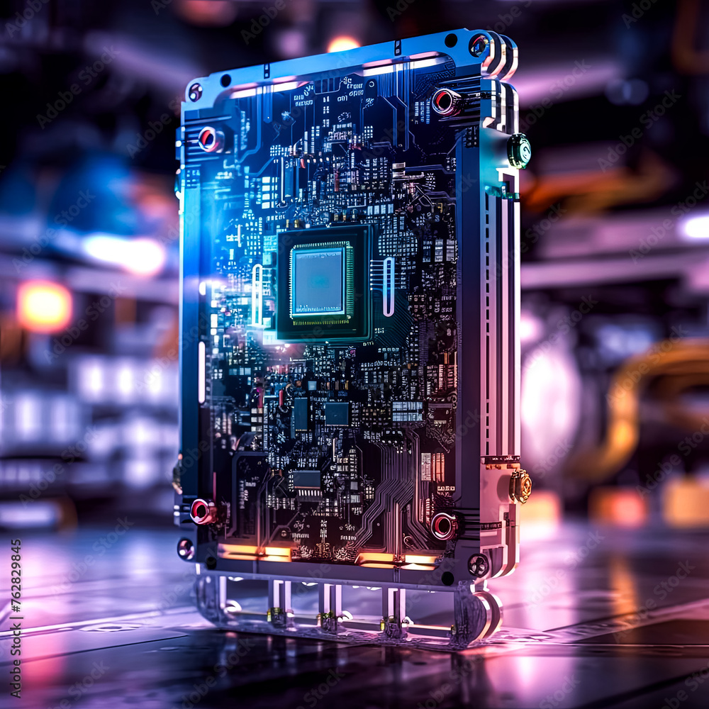 Poster a computer chip is shown in a very bright and colorful setting. the chip is surrounded by a glowing 