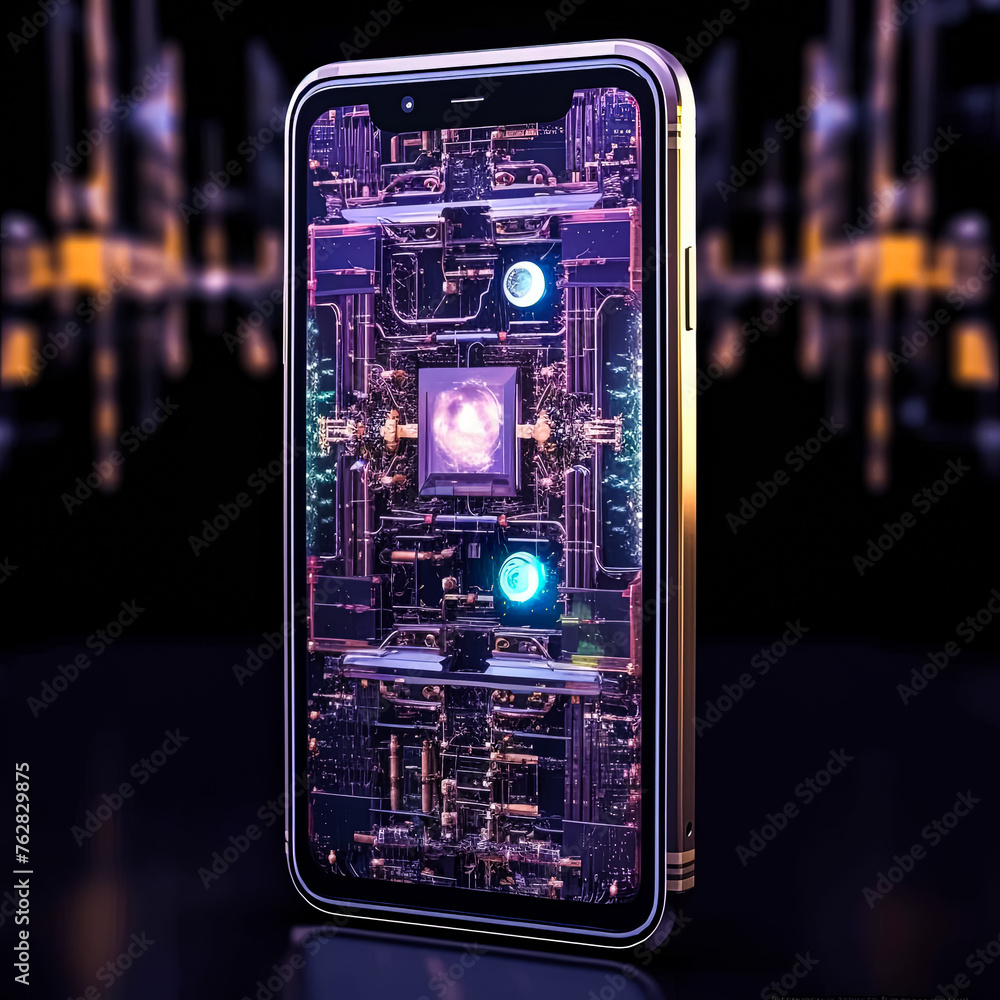 Poster a cell phone with a circuit board design on the screen. the design is colorful and futuristic. the p