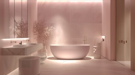 Fototapeta na wymiar Serene bathroom in soft pastels, incorporating subtle recessed lighting, a freestanding tub, and marble accents