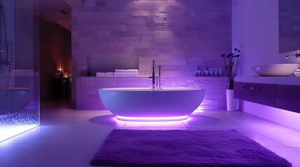 Serene bathroom with a touch of lavender, a freestanding tub, and recessed LED lighting - obrazy, fototapety, plakaty