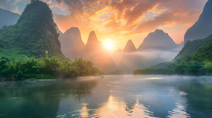 Spectacular Sunrise over Tranquil River and Verdant Mountains - An Ethereal Landscape Photography - obrazy, fototapety, plakaty