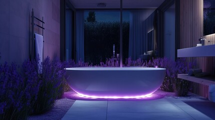 Serene bathroom with a touch of lavender, a freestanding tub, and recessed LED lighting - obrazy, fototapety, plakaty