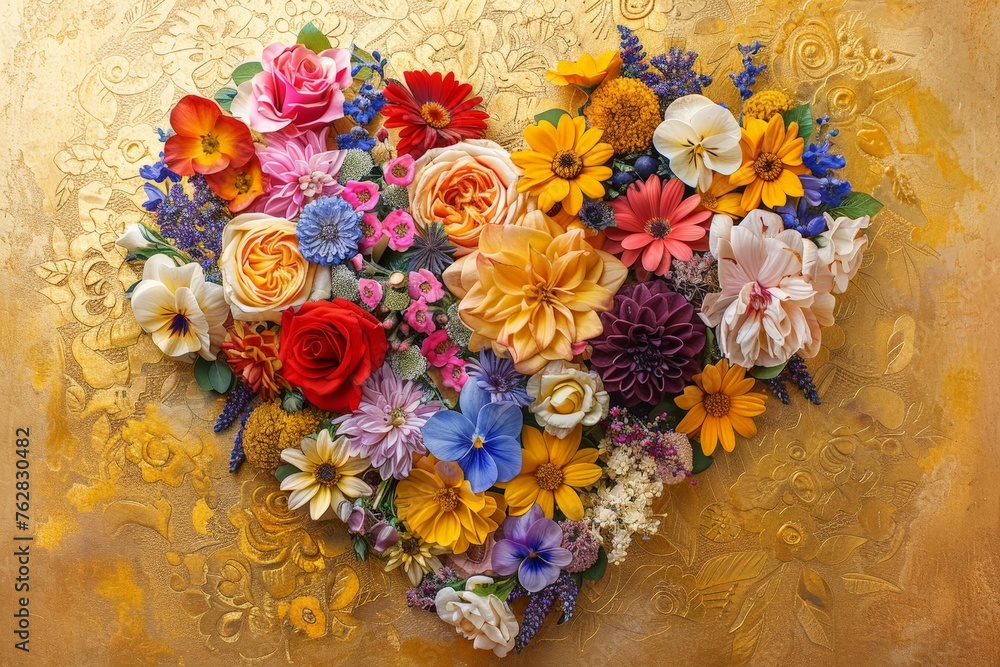 Aufkleber heart-shaped arrangement of vibrant flowers in full bloom, creating a harmonious and whimsical compo