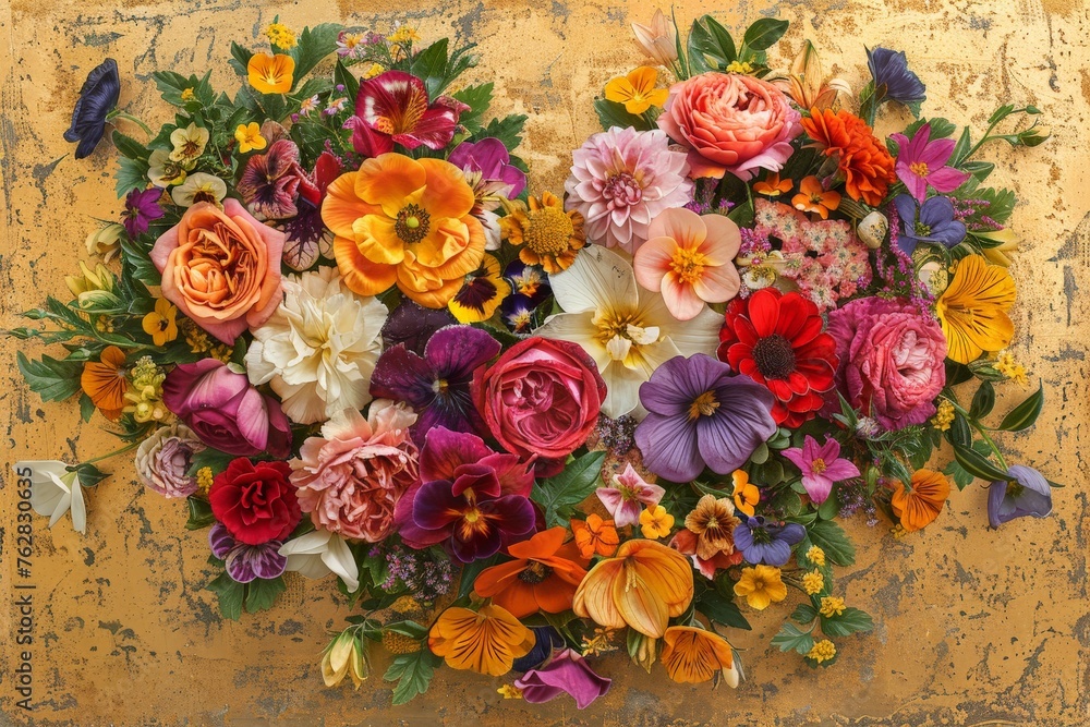 Poster a colorful array of flowers cascading down a wall, creating a vibrant and lively heart display