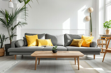 Empty living room with grey sofa, yellow pillows and plants on white wooden table against gray wall mockup
