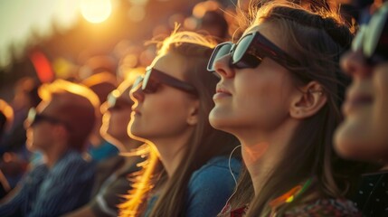 group of people with dark glasses to see a solar eclipse outdoors in high resolution and high quality. solar eclipse concept, astronomical event, sun - obrazy, fototapety, plakaty