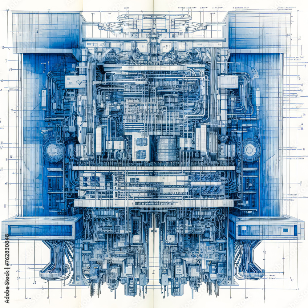 Poster a blue drawing of a machine with many wires and tubes. concept of complexity and technicality, as we