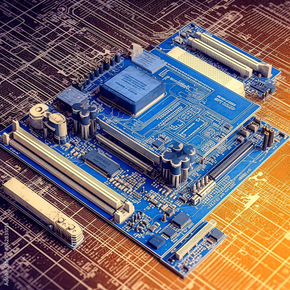 Aufkleber a blue computer board with a white board on top of it. concept of complexity and technicality, as we