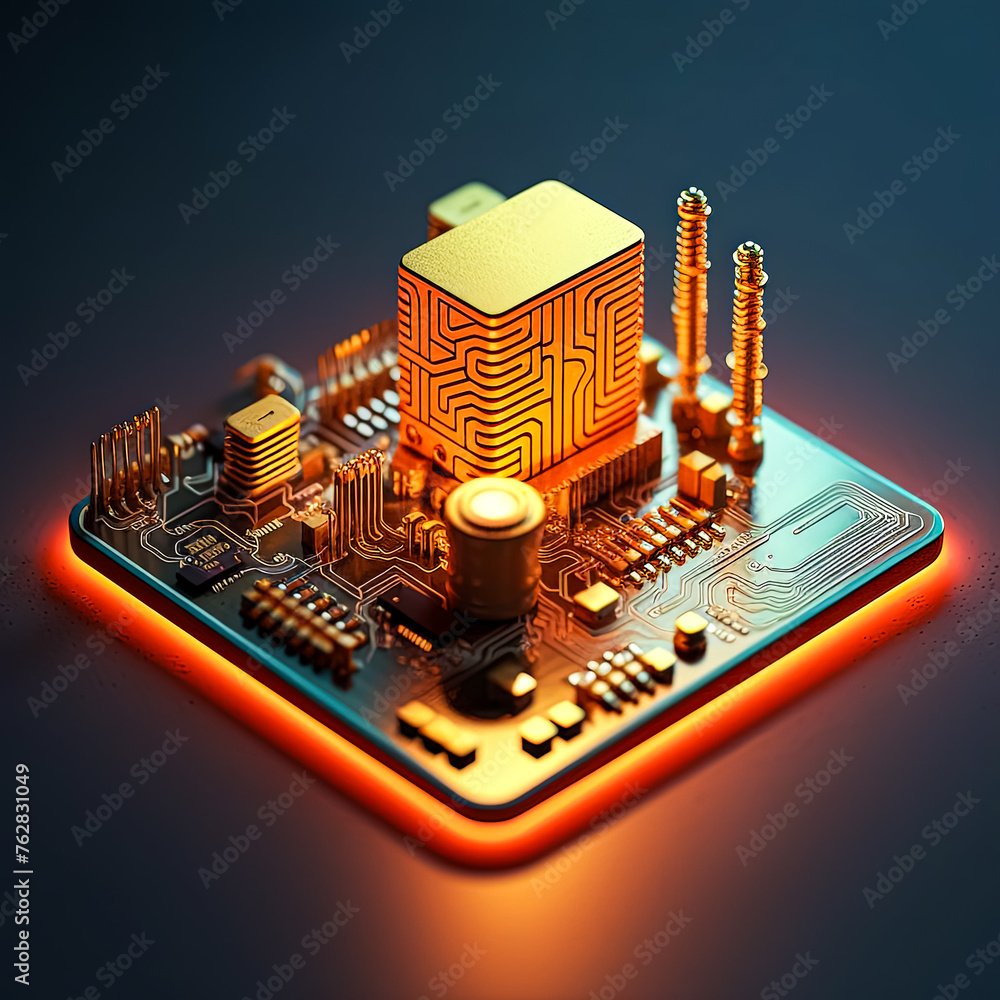 Poster a computer chip is shown in a close up with a bright orange background. the chip is surrounded by a 