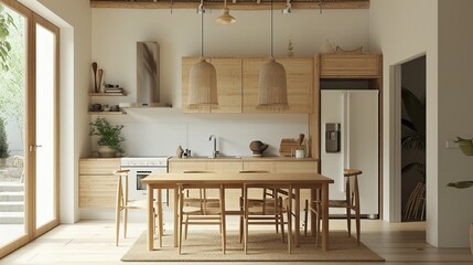 Simple kitchen with Japandi design, bamboo accents, and a minimalist dining area