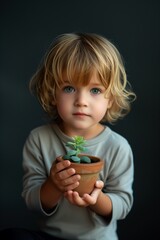Little child holding plant. Generative AI